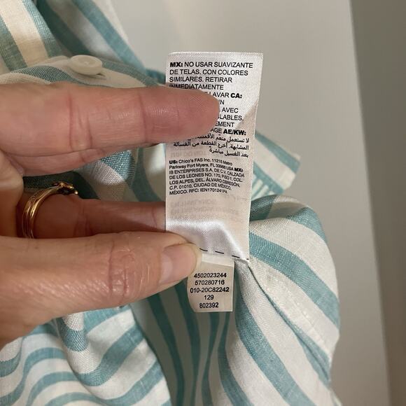 Chico's No Iron Sz 2.5 (US 14) Blue White 3/4 Sleeve Striped Linen Shirt Tunic - Picture 6 of 8